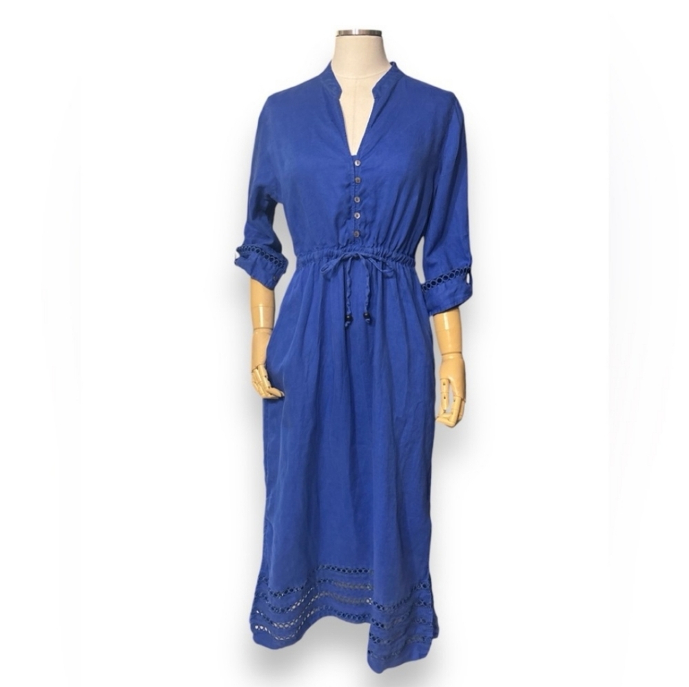 TAHARA Cobalt Blue Linen Midi Dress Embroidered
